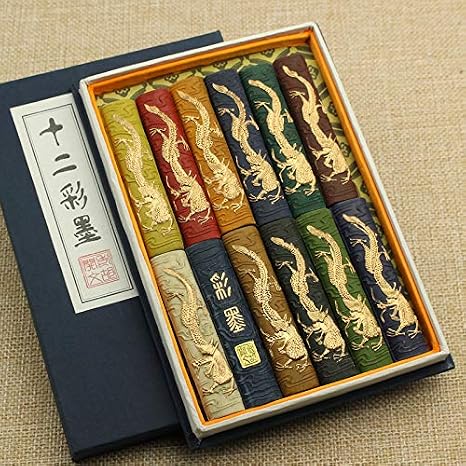 Semli Hukaiwen Ink Block Colors Pigment Ink Stick Set for Chinese Japanese Traditional Pigment Color Calligraphy and Painting Drawing (12 PCS)
