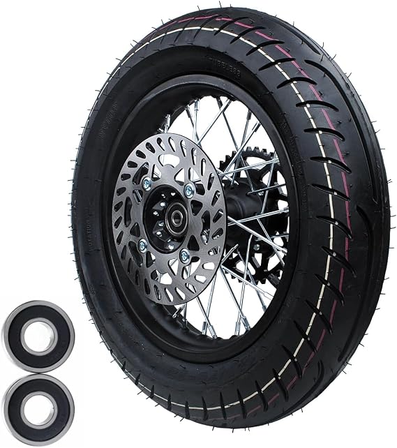Paved road tires 12 inch 120/70-12 Tire Tube Complete rear wheel replace 80/100-12 Apollo SSR 50cc 125cc XR CRF Dirt Pit Bike 12-15mm Axle With Brake Rotor and 428 41T Sprocket TTR SSR BBR
