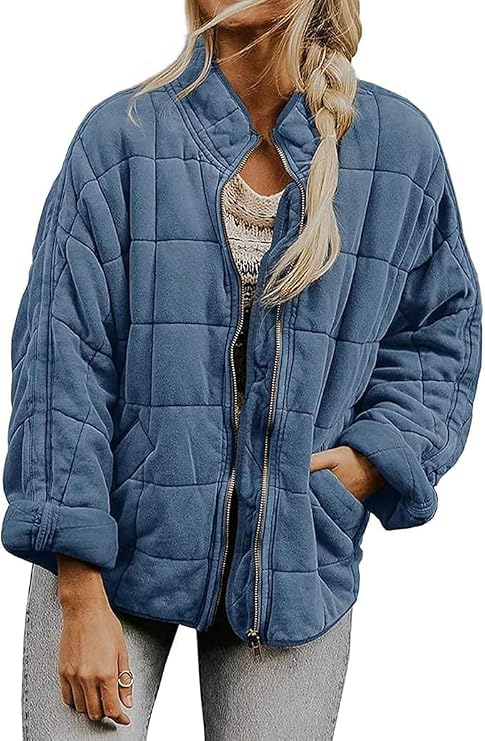 Lightweight Quilted Jackets for Women,Dolman Casual Zip Up Oversized Lightweight Padded Down Coat with Pockets