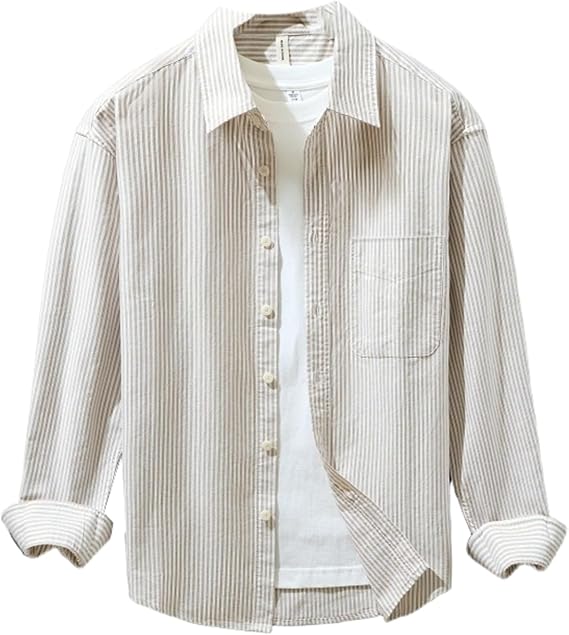 Men's Striped Button Front Long Sleeve Shirt Loose Casual Top for Fall Spring