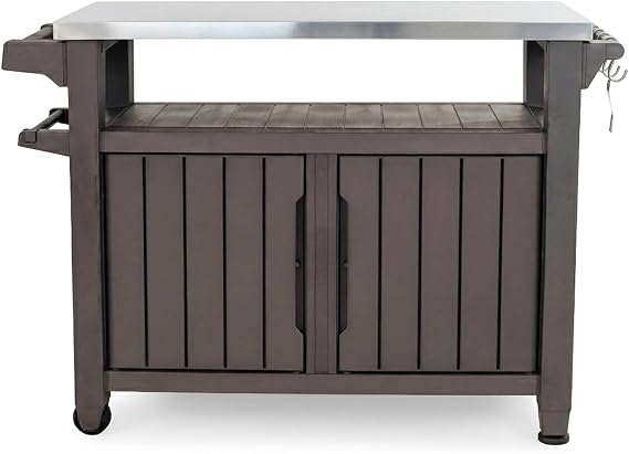 Keter Outdoor Rolling Table Cart for Food Prep, Storage, Dark Brown