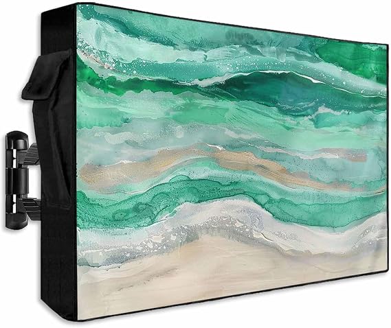 Outdoor TV Cover 52-55 Inch Weatherproof, Green Coastal Outdoor TV Enclosure with Zipper & Roll Up Front Flap, Summer Beach Nautical Abstract Art Waterproof TV Covers for Outside TV