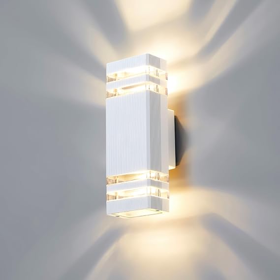 Outdoor Wall Lights Mains Powered Outside Up Down Lights, IP65 LED Porch Front Door Light, Waterproof Square GU10 Exterior Modern Lighting External Electric Sconce Wall Mounted for House, White