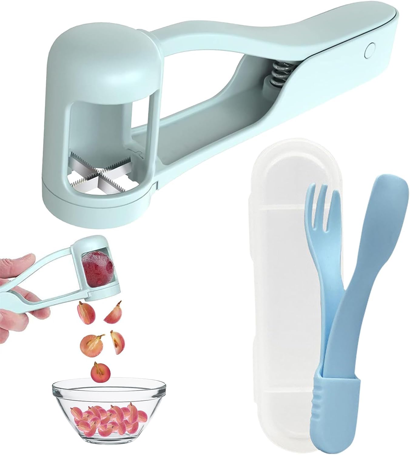 Grape Cutter for Toddlers,2Pcs Grape Cutter, Stainless Steel Fruit Slicer,Spoon, Fork,Quick & Safe Kitchen Tool to Quarter Grapes, Cherry Tomatoes, Strawberries & Olives with Non-Slip Handle