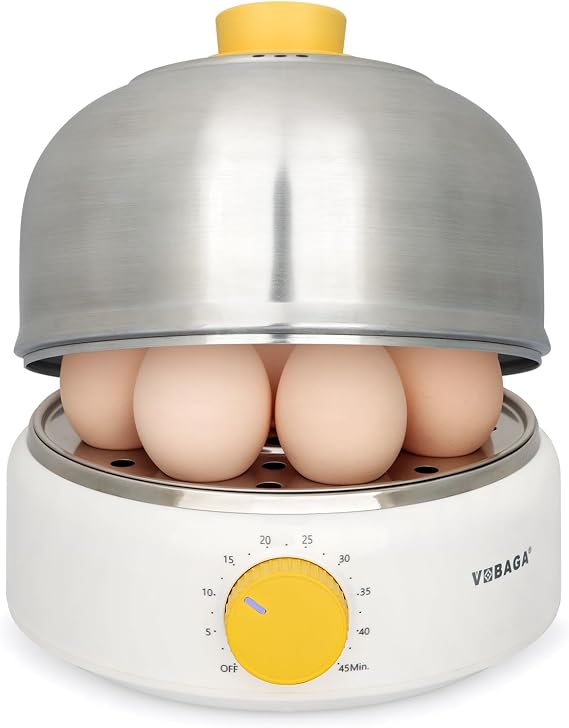 VOBAGA Rapid Egg Cooker, Electric Egg Boiler and Steamer Machine, 9 Egg Capacity, Stainless Steel, Auto Shutoff with Silent Timer, 400W (White)