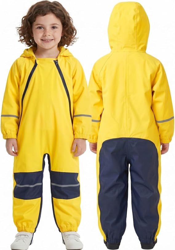 JiAmy Kids Waterproof Rain Suit Coverall, Hooded One-Piece Puddle Suit for Outdoor Play & Muddy Days, Ages 1-12
