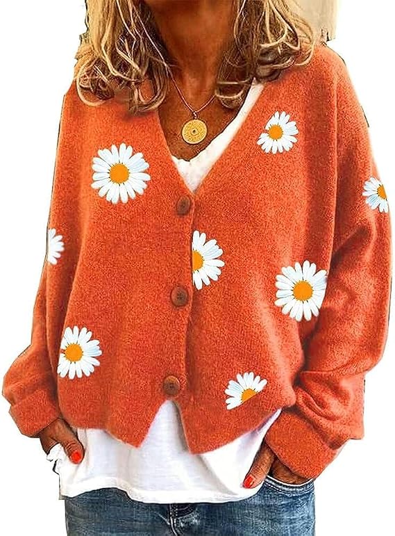 Bengbobar Daisy Flower Cardigan Sweater for Women Aesthetic 90s Button Down Long Sleeve Open Front Cute Knit Sweaters