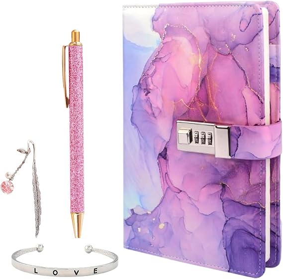 Diary With Lock Can Be Used As a Gift，1 x Secret Diary for Girl 1x Sparkly Pen 1 x Bracelet And 1 x Feather Bookmark Lockable Diarys for Girls Gifts, Lockable Journal Girl Birthday Presents (Violet)