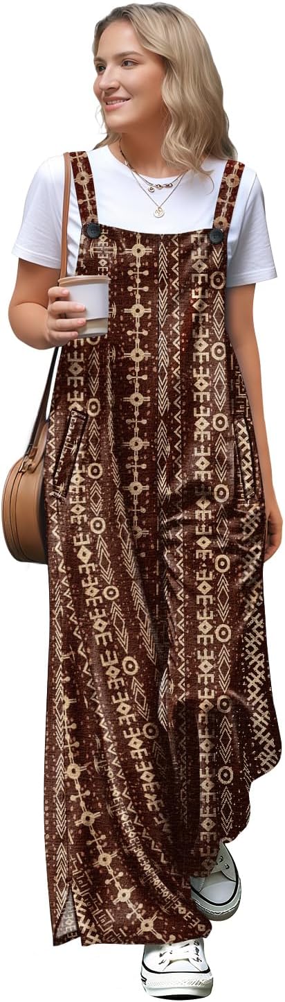 YESNO Jumpsuits for Women Casual Spring Boho Floral Overalls Side Slit Wide Leg Pants Outfit with Pockets PL2