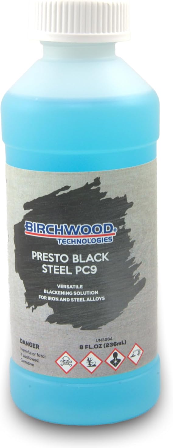 Birchwood Presto Black STEEL PC9 - versatile blackening solution for iron and steel alloys traditional patina blue and black oxide touch-up (8 oz)