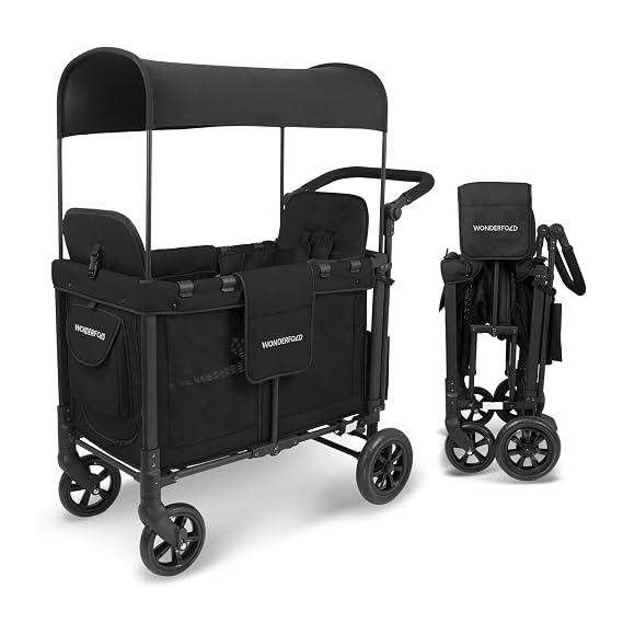 WonderFold W2 Stroller Wagon, Steel Frame, 2 Seater, Black | Foldable Wagon with an Adjustable Canopy & Push Handle, All-Terrain Wheels & 5-Point Harnesses for Babies, Toddlers & Kids