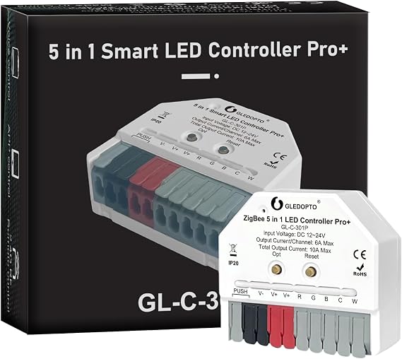 GLEDOPTO ZigBee 3.0 Pro Mini LED Strip Controller 5 Modes in 1 RGBCCT RGBW RGB CCT WWCW Dimmer DC12-24V APP Voice Control Work with Hu/e ZigBee2mqtt Conbee II Home Assistant Alexa (Hub Required)