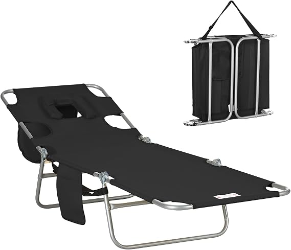 Tanning Chair, Folding Beach Lounge Chair with Face Hole and Arm Slots