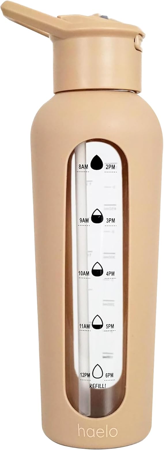 haelo 24oz Glass Motivational Water Bottle with Flip Lid Straw, Silicone Protective Sleeve, Handle, Reusable BPA Free (Amber)