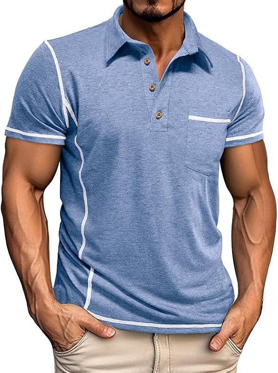Men's Short-Sleeved Lapel Polo Shirts Classic Slim Basic Button Tee Shirt Cotton Golf Henley T-Shirt with Pocket