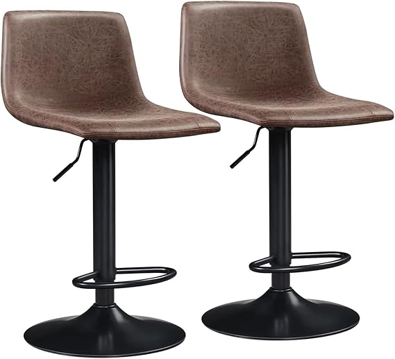 2pcs Vintage Adjustable PU Leather Bar Stools Mid-Back for Kitchen, Brown Bar Chairs Bar Stools(E)