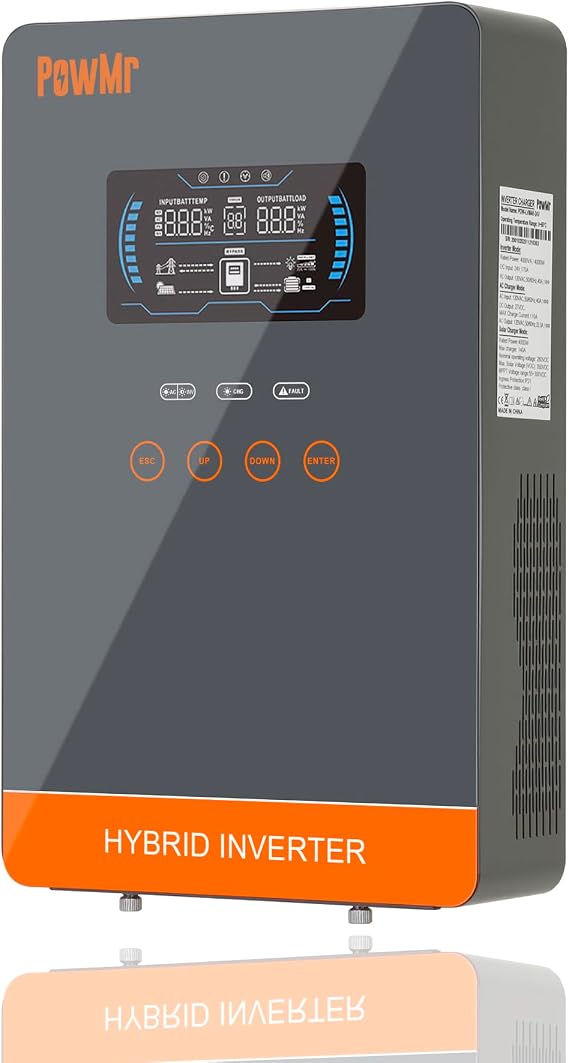 PowMr Solar Inverter 4000W 24V to 110V, Glass Top LCD Display Hybrid Inverter 4KW w/ 140A MPPT Controller, Max.PV Input 5600W 350V, 110A Charge Current, for Lead-Acid & Lithium & BatteryLess Run, RV