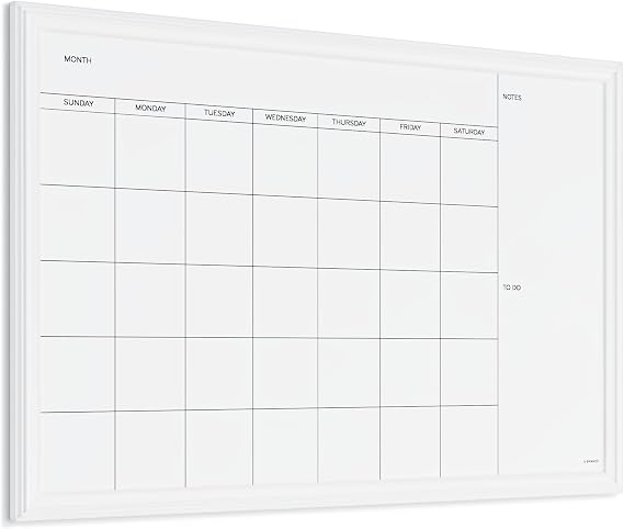 U Brands Magnetic Dry Erase Calendar White Board, 30" x 20", White Wood Style Frame, Includes Magnets