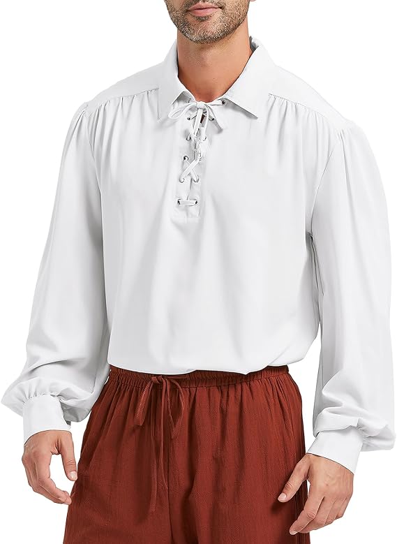 Mens Pirate Shirt Renaissance Faire Vampire Medieval Victorian Costume Lace Up Gothic Steampunk Halloween Cosplay Tops