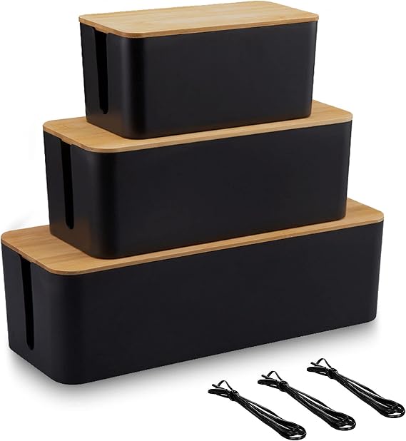 Set of 3 Cable Management Box with Bamboo Lid, Black Wire Core Cable Tidy Box Conceal and Hide Cable Wire Extension Organizer Box for Home, Office | Size for Large, Medium, Small