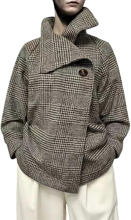 UOOZEE Women's Vintage Houndstooth Long Sleeve Blazer Work Suit Jackets Stand Collar Plaid Formal Office Work Coats
