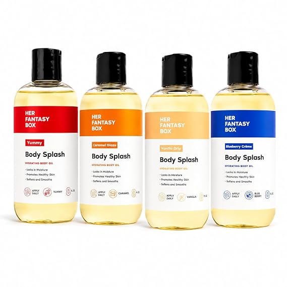 Her Fantasy Box | Sweet Skin Body Oil Bundle Caramel, Vanilla, Cherry & Blueberry Hydrating Body Oils for Soft, Glowing Skin