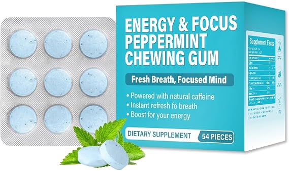 Energy & Focus Peppermint Chewing Gum, 54 Pieces, with B-Vitamins, L-theanine and Natural Caffeine, Sugar-Free Dietary Supplement