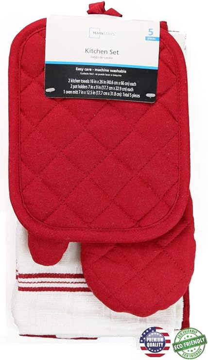 Mainstay Red Sedona Towel Kitchen Set 2 Towels, 2 Pot Holders and 1 Oven Mitt