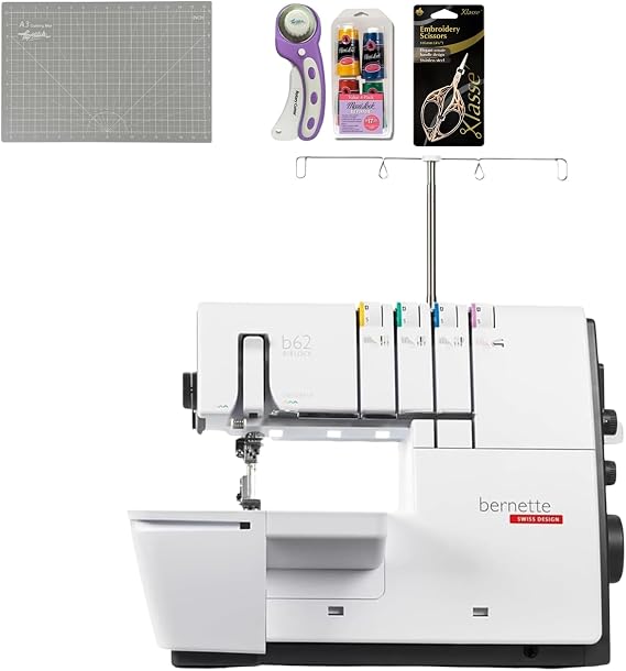 Bernette B62 Airlock Coverstitch Machine Bundle | Air Threader, Scissors, Rotary Cutter, Threads, Self Healing Foldable Cutting Mat, LED Light, Extension Table | Heavy Duty, Beginner to Professional