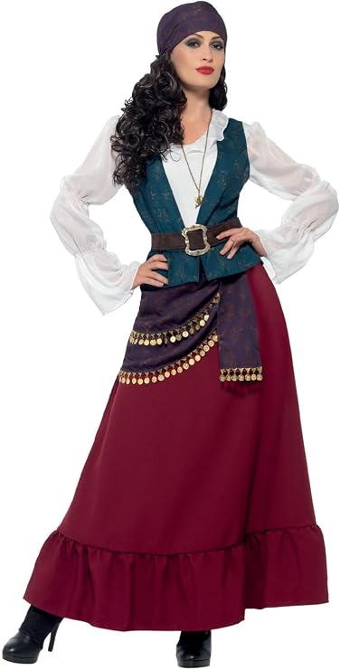 Smiffys Deluxe Pirate Buccaneer Beauty Costume, Purple Dress, Sash, Bandana & Necklace, Fancy Dress