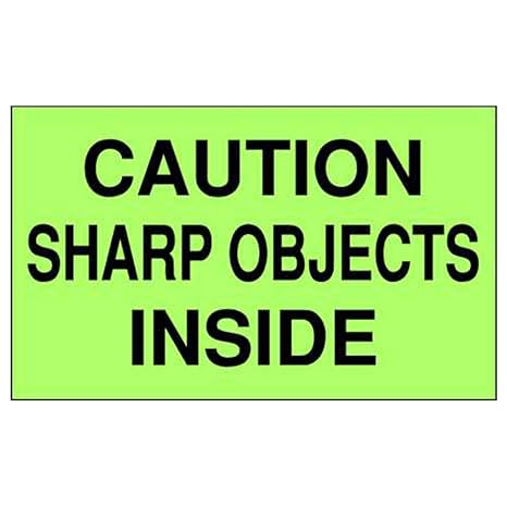 TapeCase Shipping Packing Labels"Caution Sharp Objects Inside", Green/Black - 500 per Pack (1 Pack)