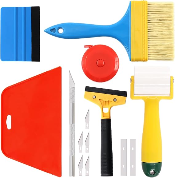 Swpeet 14Pcs Wallpaper Smoothing Tool Assorments Kit, Squeegee Scraper, Carving Knife with Blades, Tape Measure, Seam Roller and Paste Brush for Stick Wallpaper Car Wrap Vinyl Window Tint Glass Film