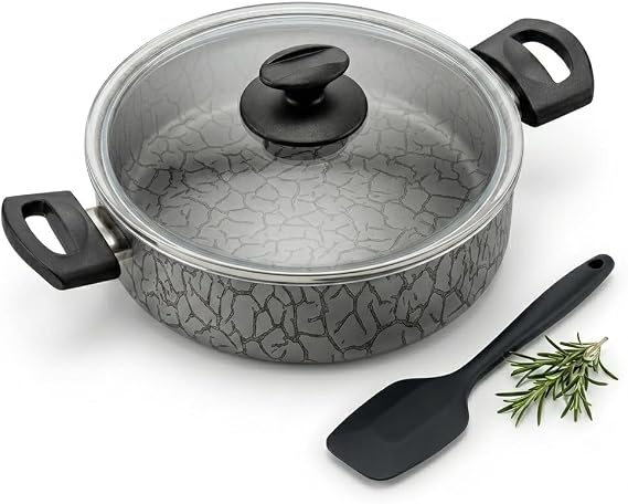Papilla 24 cm Karnıyarık Tenceresi - İç ve Dış Karemel ve Gümüş Renk Magma Desenli Cam Kapaklı Sığ Tencere (GÜMÜŞ)