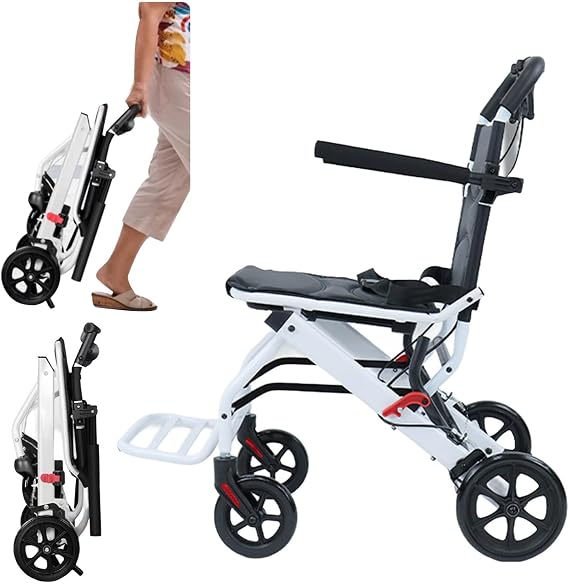 Wheelchairs for Adults, Folding Four Wheel Rollator, Lightweight Transport Wheelchair, Transport Wheelchair with Adjustable Safety Strap Aluminum Frame Pu Wheels for Elderly A