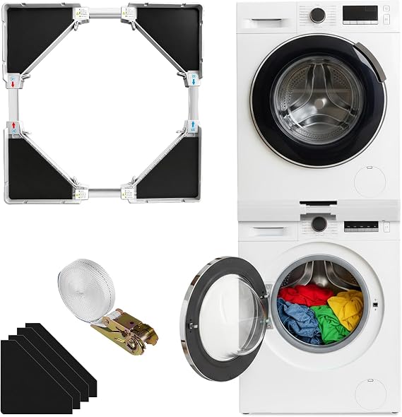 Universal Stacking Kit for Washer and Dryer with 4 hooks, Adjustable Stacking Shelf Kit Fit for 45-70cm Washing Machine and Tumble Dryers with Ratchet Ropes and Anti Vibration Feet