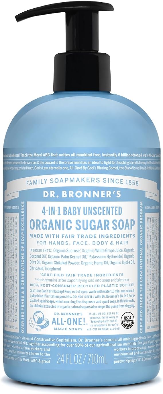 Dr Bronner’s - 4-in-1 Organic Unscented Baby Sugar Soap, 710ml Bottle