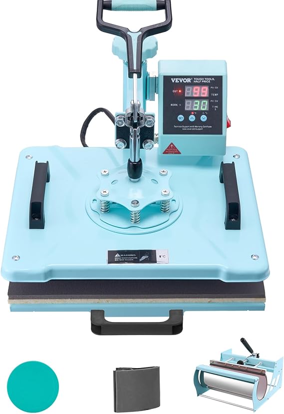 VEVOR Heat Press Machine, 12 x 15 inch, 5 in 1 Heat Transfer Machine with 30 oz Tumbler Press, 360 Swing Away T-Shirt Pressing, Digital Precise Control, for T-Shirts/Mugs/Hats/Plates, Green