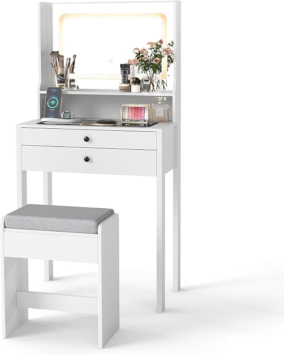 COSTWAY Small Dressing Table with Adjustable 3-Color LED Lights Mirror and Stool, 64cm Compact Bedroom Makeup Table Vanity Desk with Charging Station, Tempered Glass Top, Shelf & 2 Drawers (White)