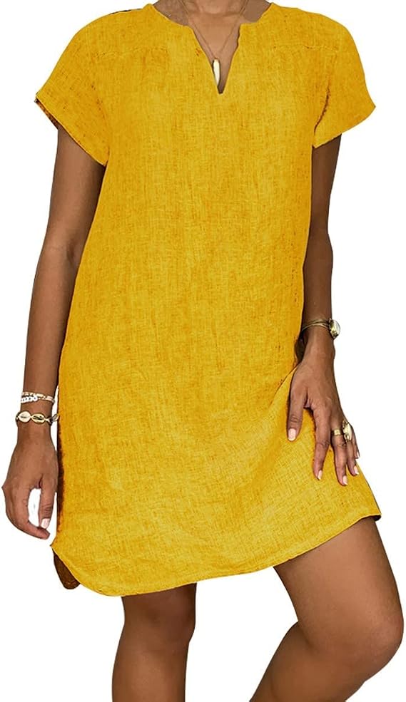 Leinenkleid Damen Sommer - Sommerkleid Damen Leicht und Luftig Strandkleid Damen T Shirt Kleid V-Ausschnitt Kurzarm Boho Minikleid Baumwolle Leinen Kleider Solide Blusenkleid Freizeitkleid