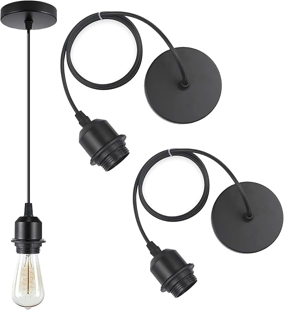 2 Black E27 Pendant Light Fittings, Ceiling Rose Light Fitting for DIY Lighting Projects, Industrial Style Black Light Pendant for Cafe Restaurant and Home Decor [Energy Class A]