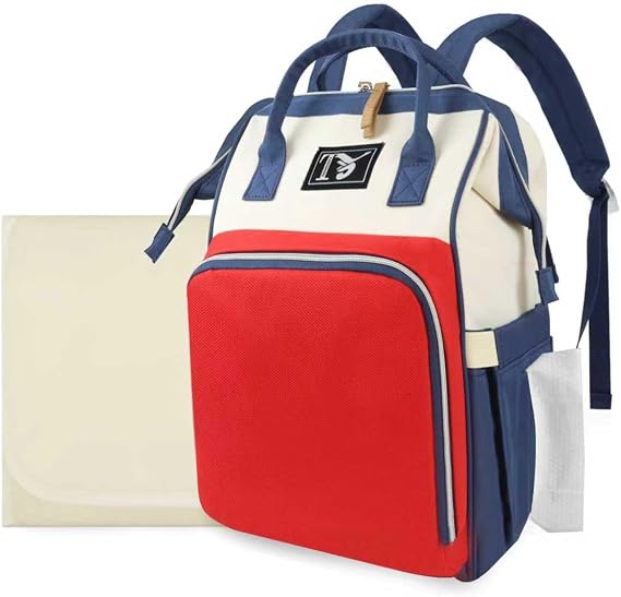 Diaper Bag Backpack for Women - Multifunction Travel Essentials Baby Diaper Bag with Changing Pad, Large Backpack Baby Girl Boy, Insulated Bottle Holders & Stroller Straps (Red+Blue)