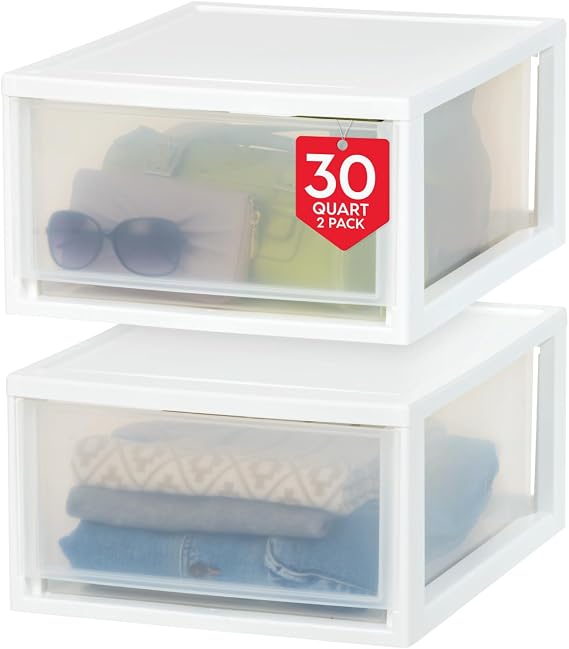 IRIS USA 2-Pack 30 Qt. Stacking Drawer Organizer with Sliding Drawer, White