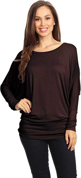 Private Label Basic Solid Knit Dolman Sleeve Tunic Top (MEDIUM, BROWN)