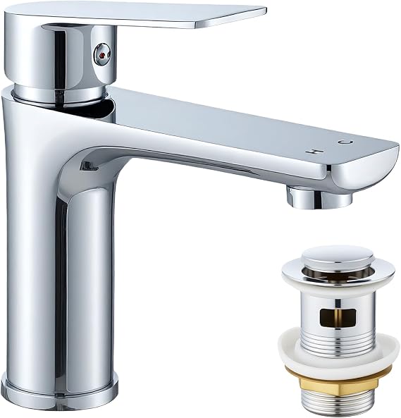Bathroom Mixer Tap Stainless Steel Monobloc Basin Tap with Pop Up Waste Single Lever Faucet with Ceramic Valve 60cm G1/2 Hoses Brushed Nickel