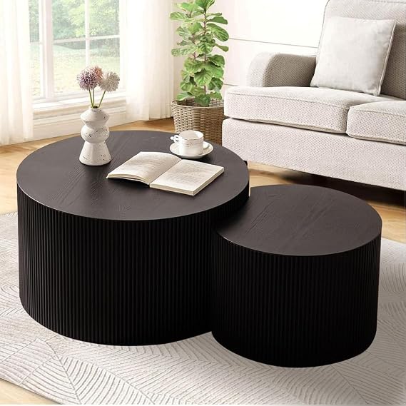 Modern Round Nesting Coffee Table Set 2Pc, Coffee Tables for Living Room Round Drum, Wood Circle Embossed Crescent Design for Office, Balcony, Bedroom,Black