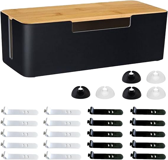 Cable Tidy Box, 30x13x10cm Cable Organisers with Bamboo Lid, Cable Management Box with Wire Ties and Cable Clips, for Home, Ofiice(Black)