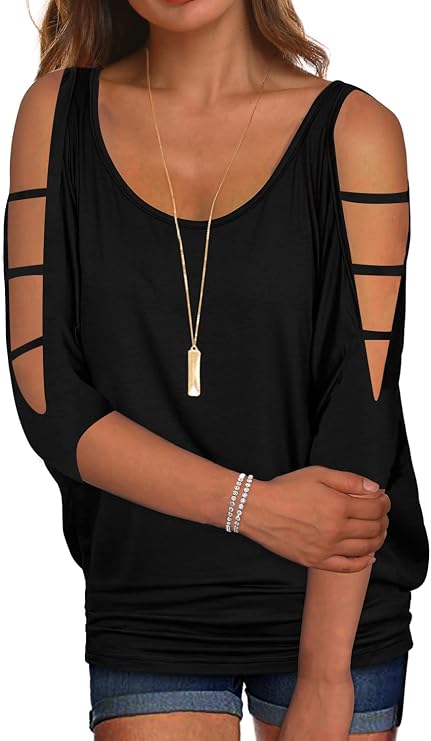 Miselon Womens Cold Shoulder Tops Short Sleeve Loose Summer Shirts Blouse
