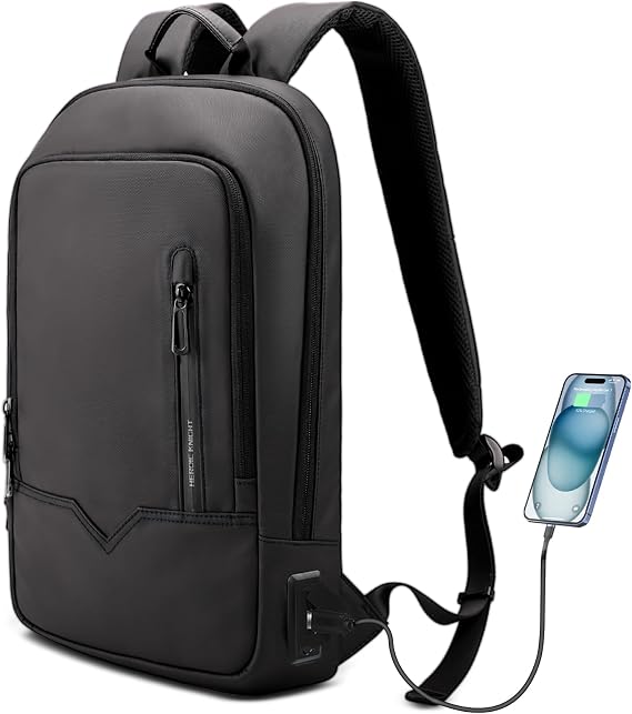 Slim Laptop Backpack for Men 15.6 Inch with USB Charging Port | Lightweight Thin Waterproof Rucksack, Small Compact Computer Bag for Work Office Business Travel, Fits 13 14 15 Inch Laptops