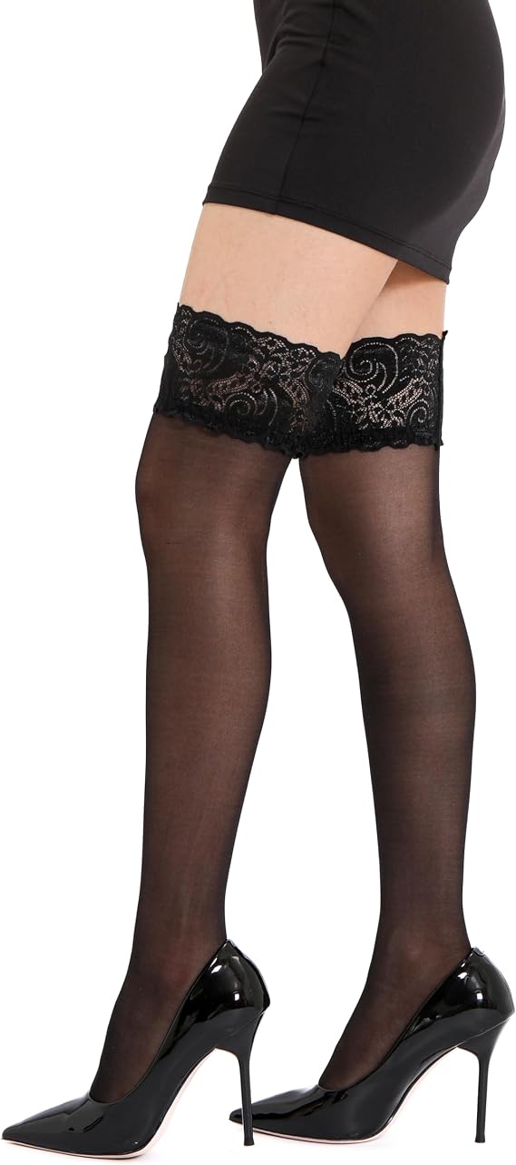 EVERSWE 2 Pairs Pack Women's Thigh High Silicone Lace Top Sheer Stocking
