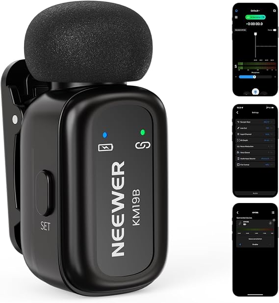 NEEWER KM19B Wireless Lavalier Microphone Transmitter with App Control, 10Hrs Battery, Noise Cancelling Magnetic Mini Clip On Lapel Lav Mic for iPhone Android Phone Video Recording Streaming Vlogging
